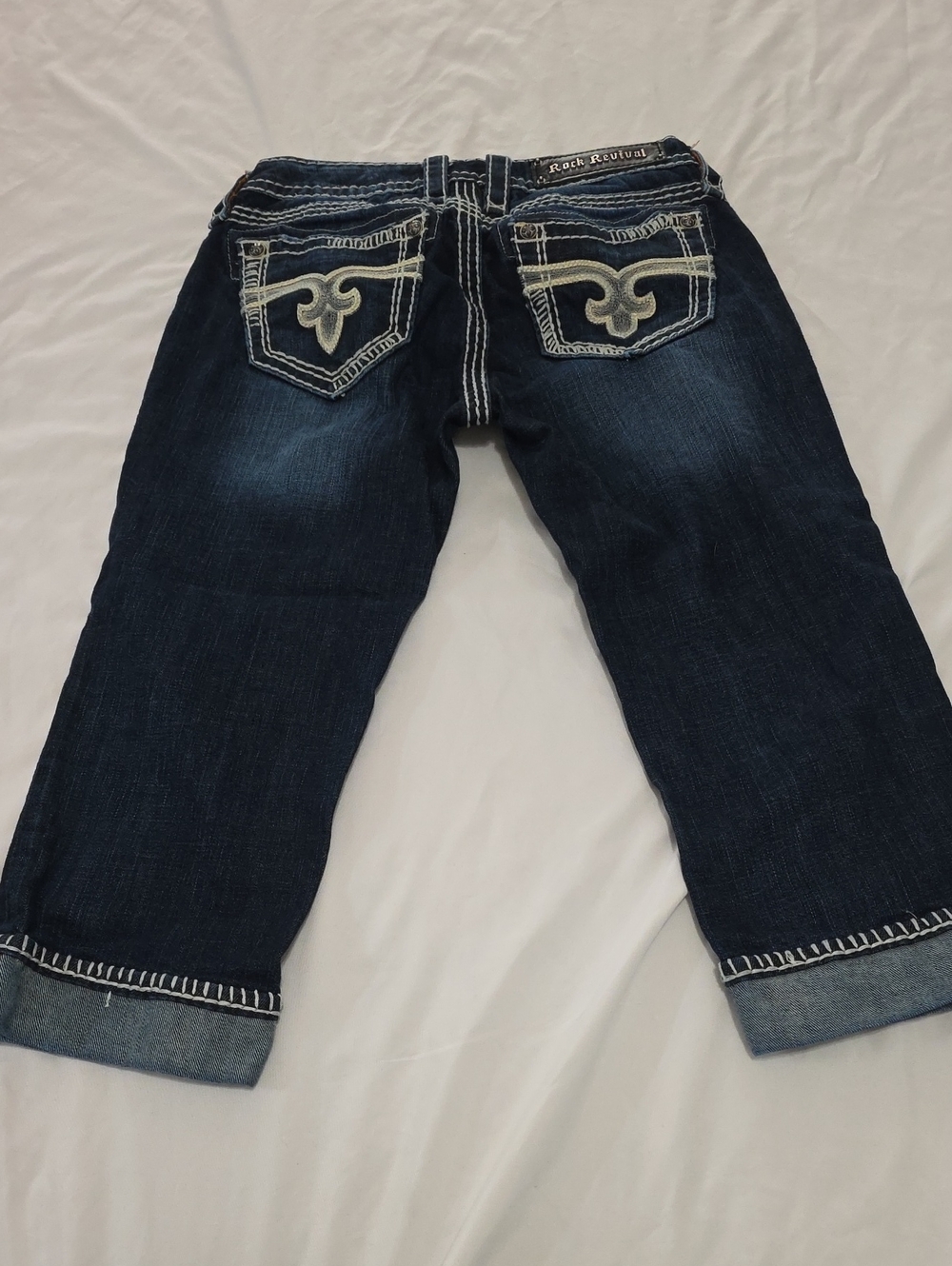 Rock Revival Dark Wash Cropped Jeans with White Contrast Stitching - Picture 8 of 10